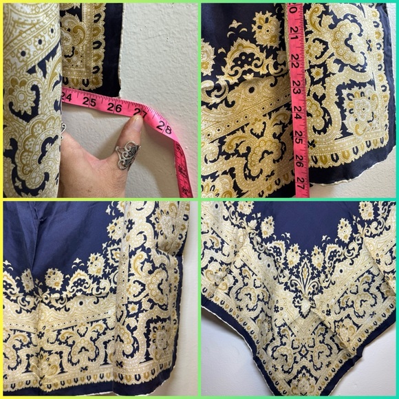 Vintage silk paisley Square scarf navy blue gold white 27” x 26” hand rolled hem - Picture 4 of 10